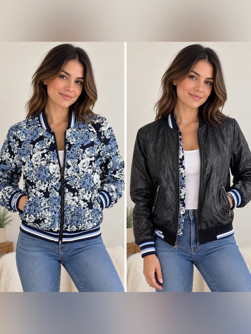 BLANKNYC Reversible Floral Faux Leather Bomber Jacket Blue Black Size S